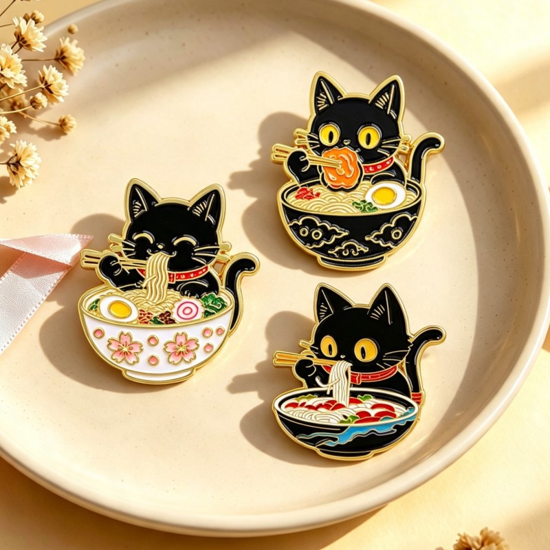 Enamel Pin Set - Grazioso Gatto Nero che Mangia Noodles,
